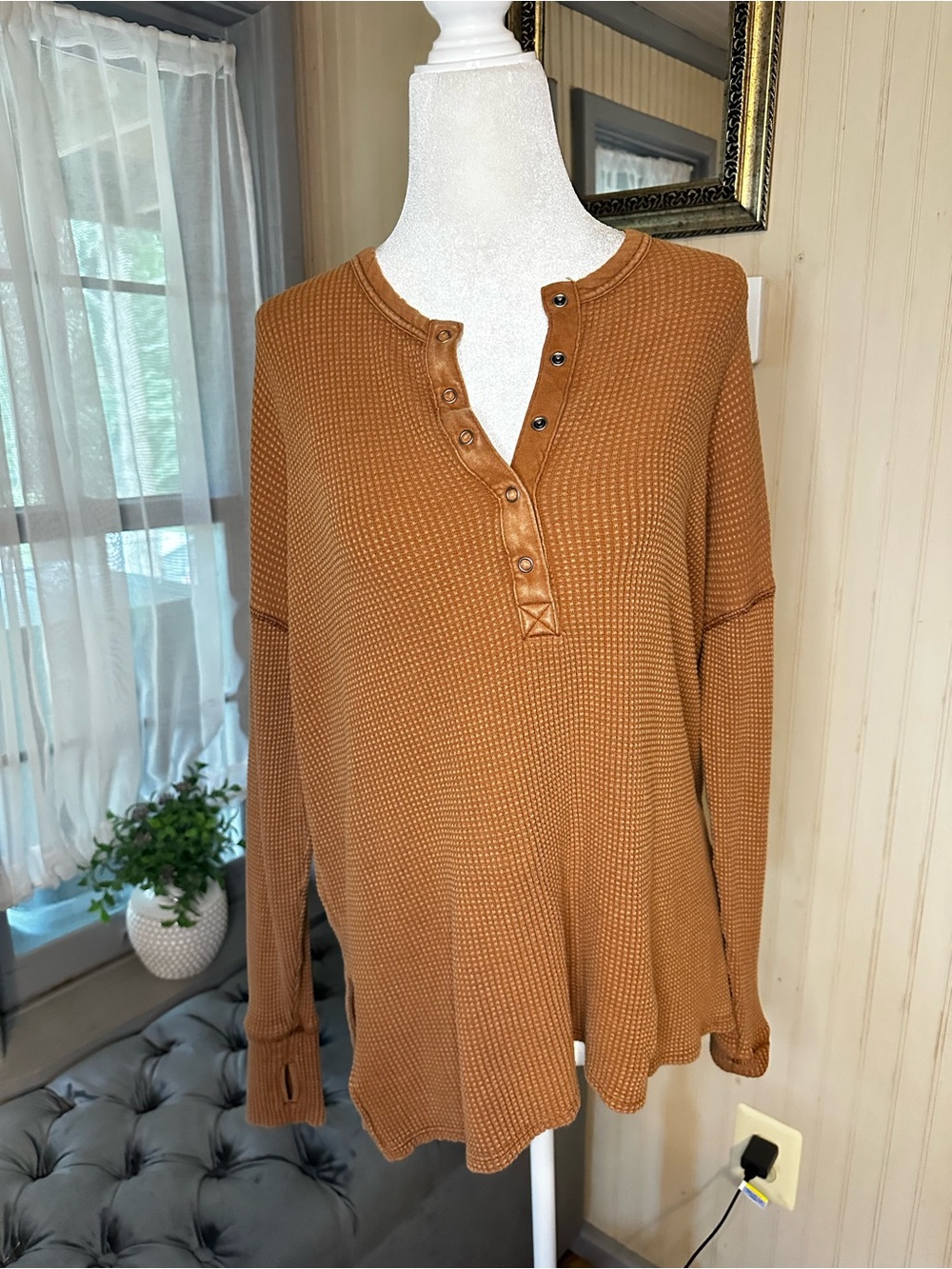 OFFLINE by Aerie Waffle Knit Henley Top S Brown Oversized Thumbholes